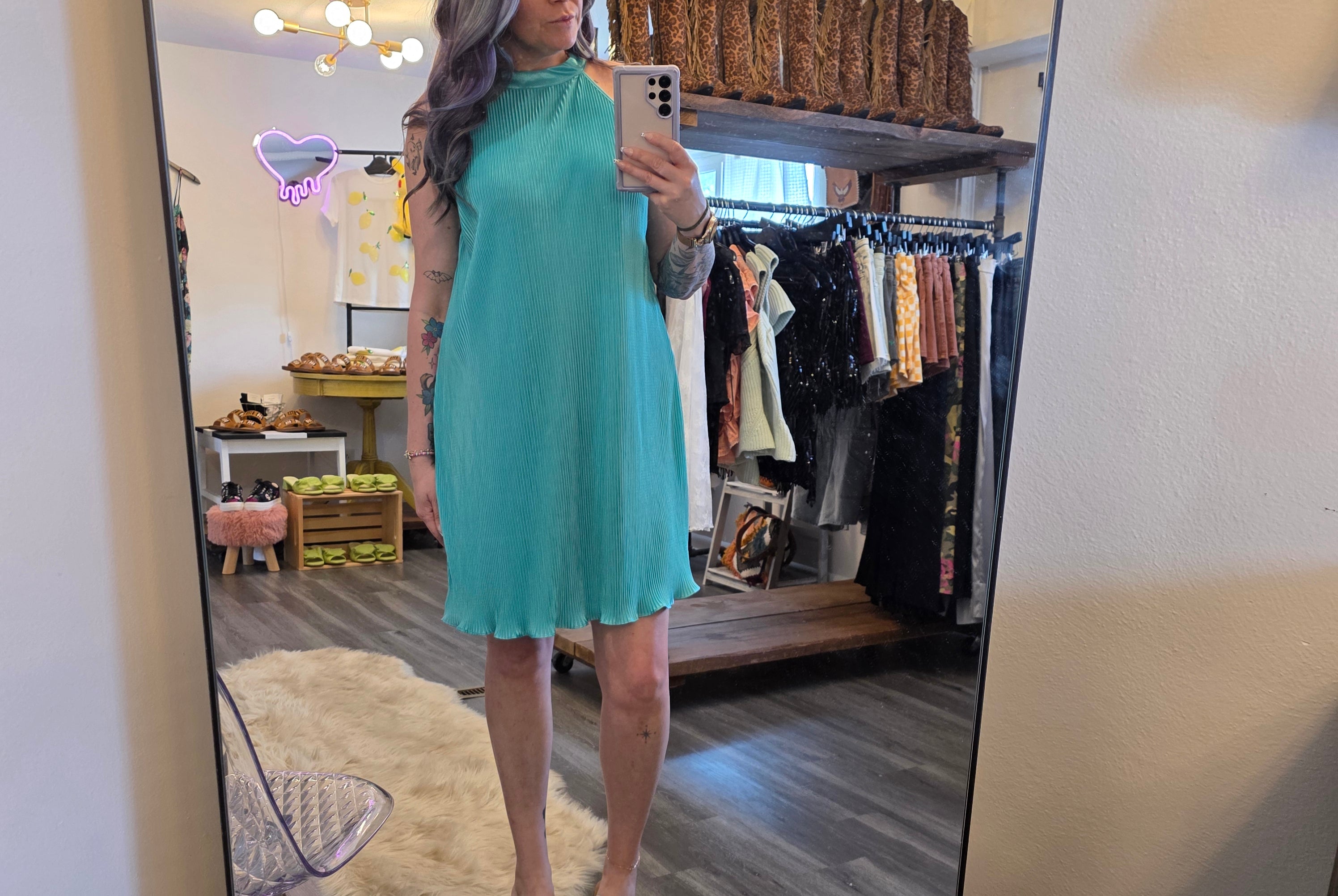 Sea Glass Pleated Dress Mini Dress She + Sky