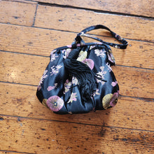  Vintage Black Satin Floral Brocade Wristlet Bag with Tassel