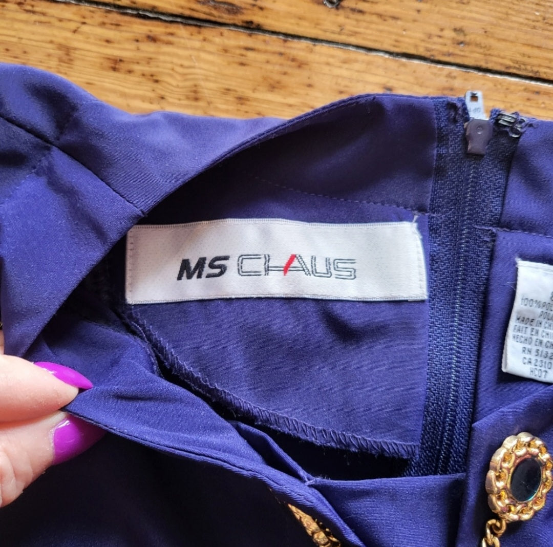 Ms Chaus Vintage Chain Button Front Pleated Blue Midi Polyester Dress Size 8 Vintage Vibes Boutique