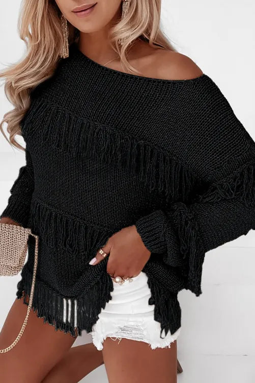 Black Tassel Fringe Sweater  Vintage Vibes Boutique   