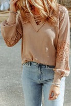 Lace Spliced Waffle V-Neck  Vintage Vibes Boutique   