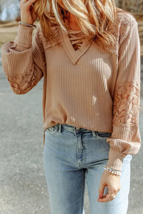 Lace Spliced Waffle V-Neck  Vintage Vibes Boutique   