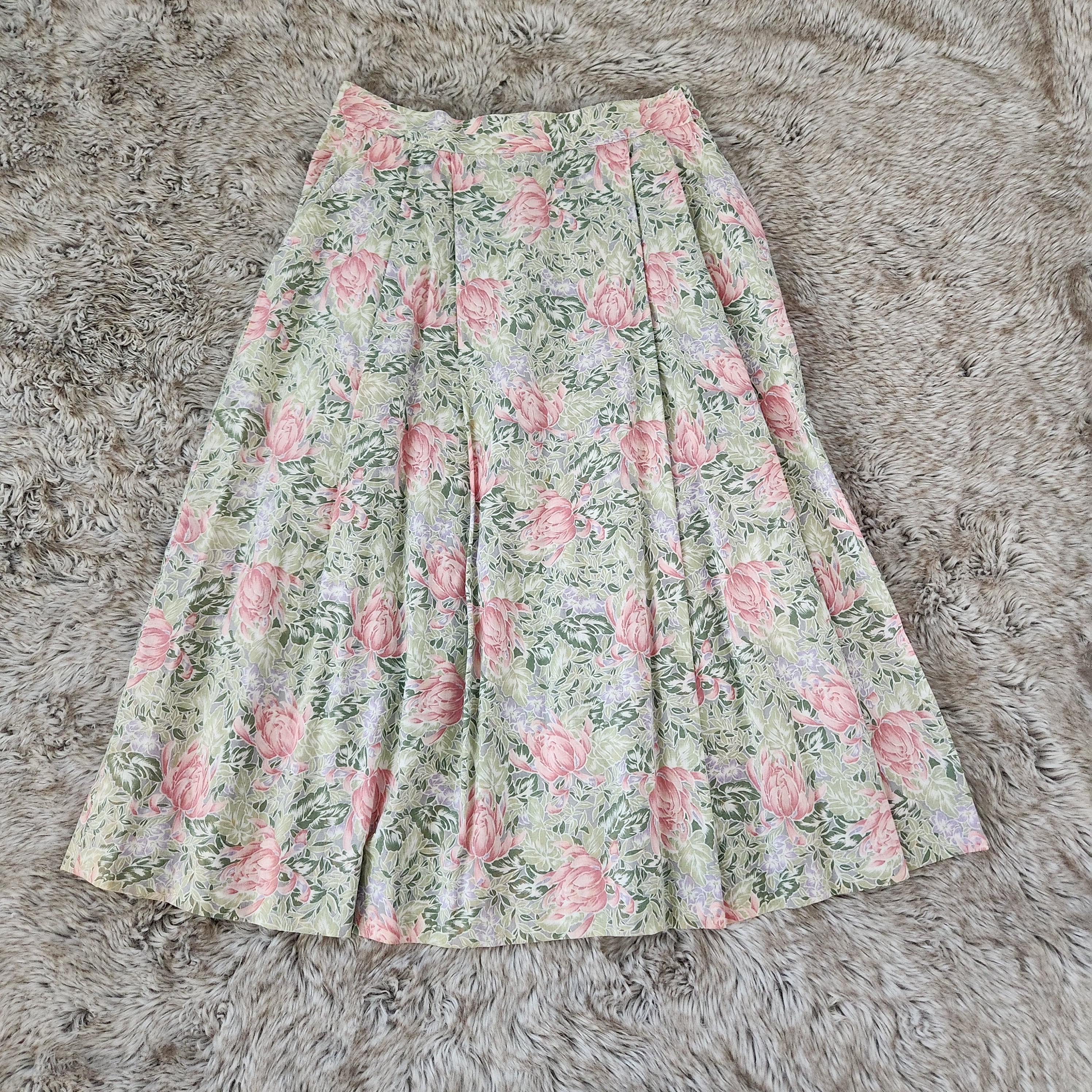 Christian Dior Chemises Vintage Floral Midi Skirt Green and Pink Size 10