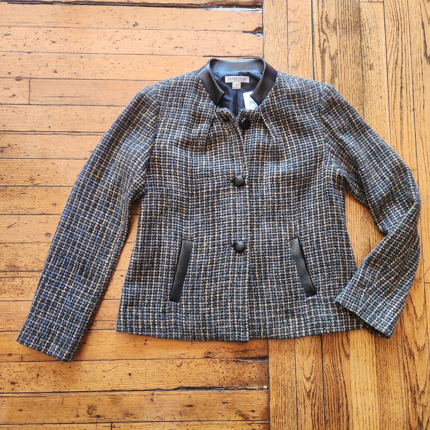 Pendleton Vintage Pleather Trim Tweed Blazer Jacket Green, Gold & Black Size 10  Vintage Vibes Boutique   