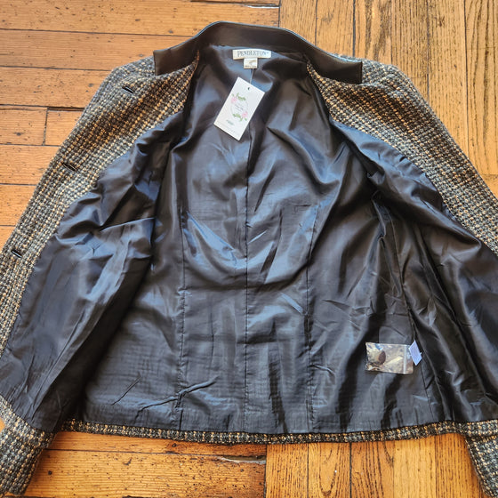 Pendleton Vintage Pleather Trim Tweed Blazer Jacket Green, Gold & Black Size 10