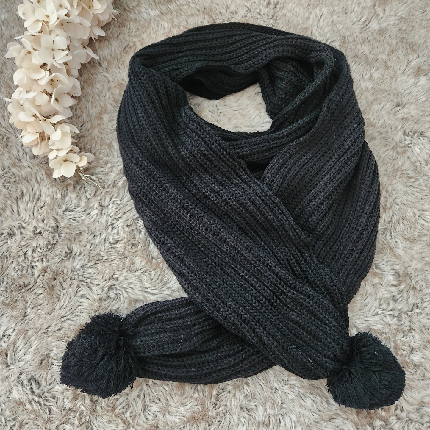 Black Knit Pom Pom Scarf  Vintage Vibes 607   