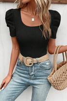 Black Waffle Knit Puff Shoulder Top  Vintage Vibes Boutique   