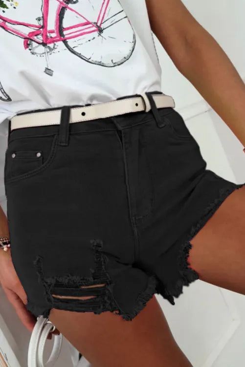 Black Distressed Cut-off Denim Shorts