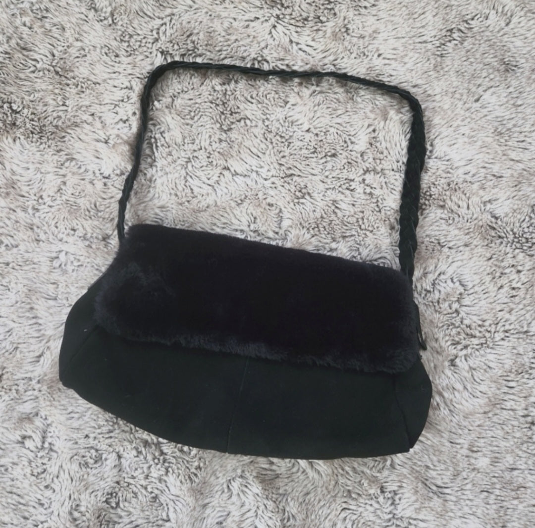 dennis basso Faux Fur Shearling Trim Suede Braided Strap Shoulder Bag dennis basso