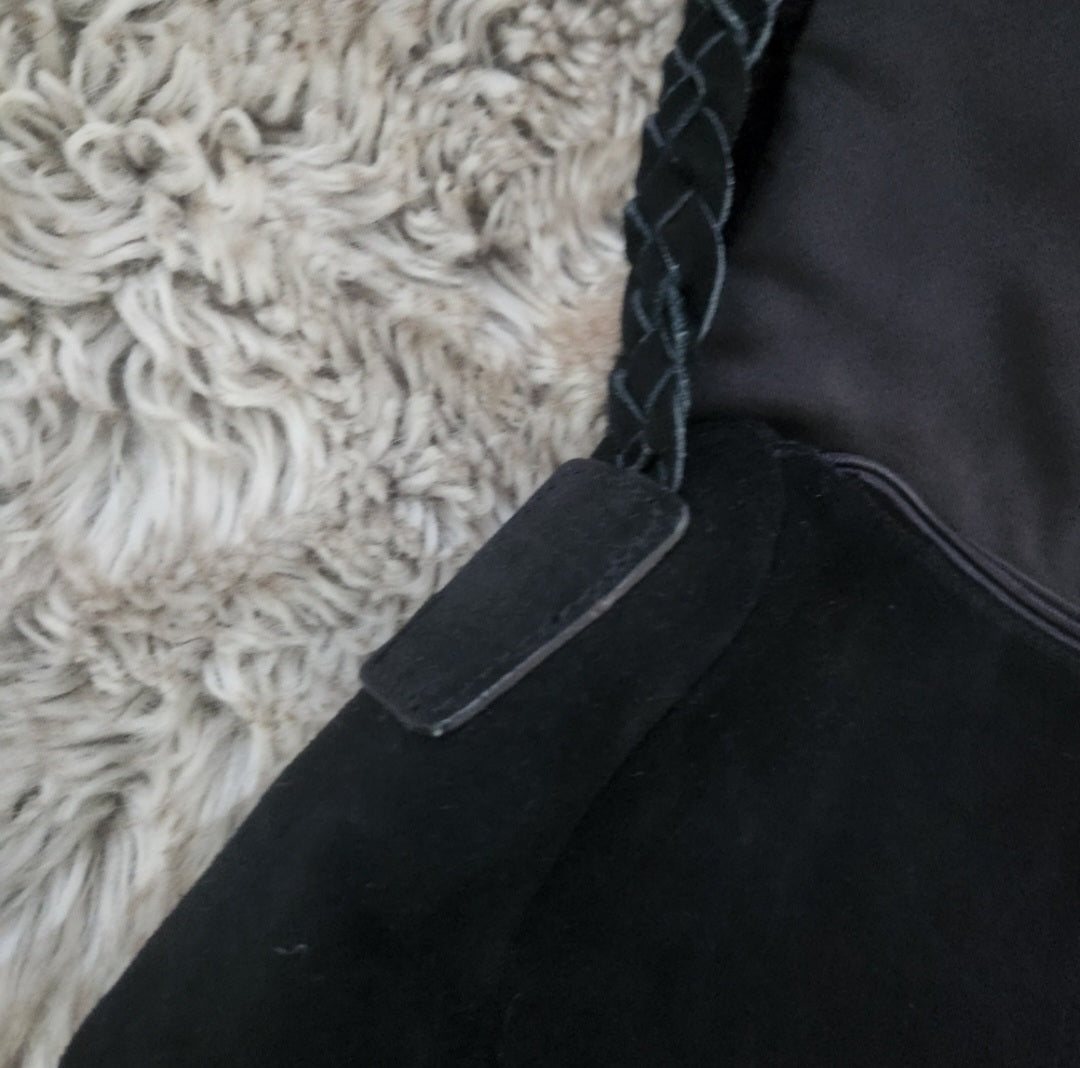 dennis basso Faux Fur Shearling Trim Suede Braided Strap Shoulder Bag dennis basso