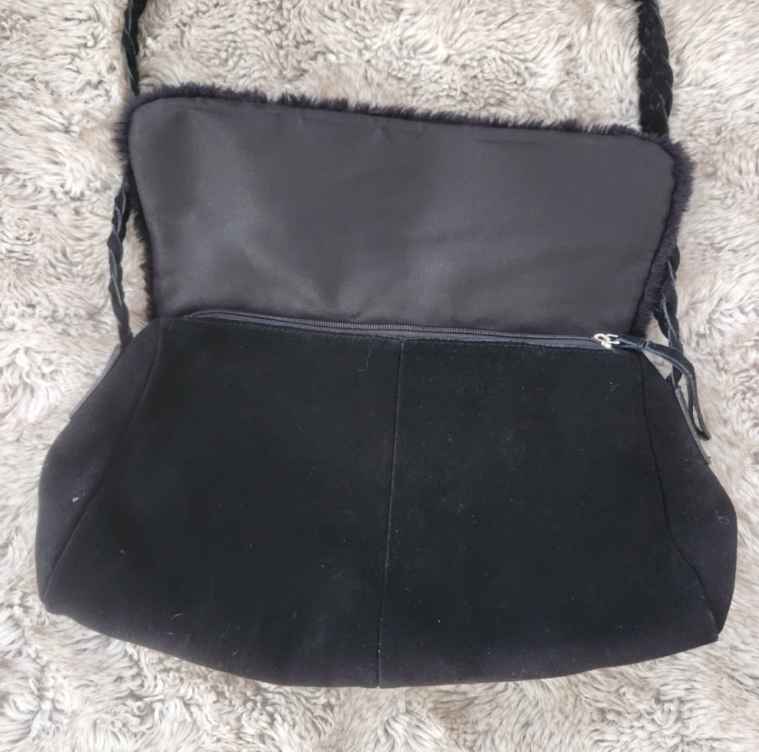 dennis basso Faux Fur Shearling Trim Suede Braided Strap Shoulder Bag dennis basso