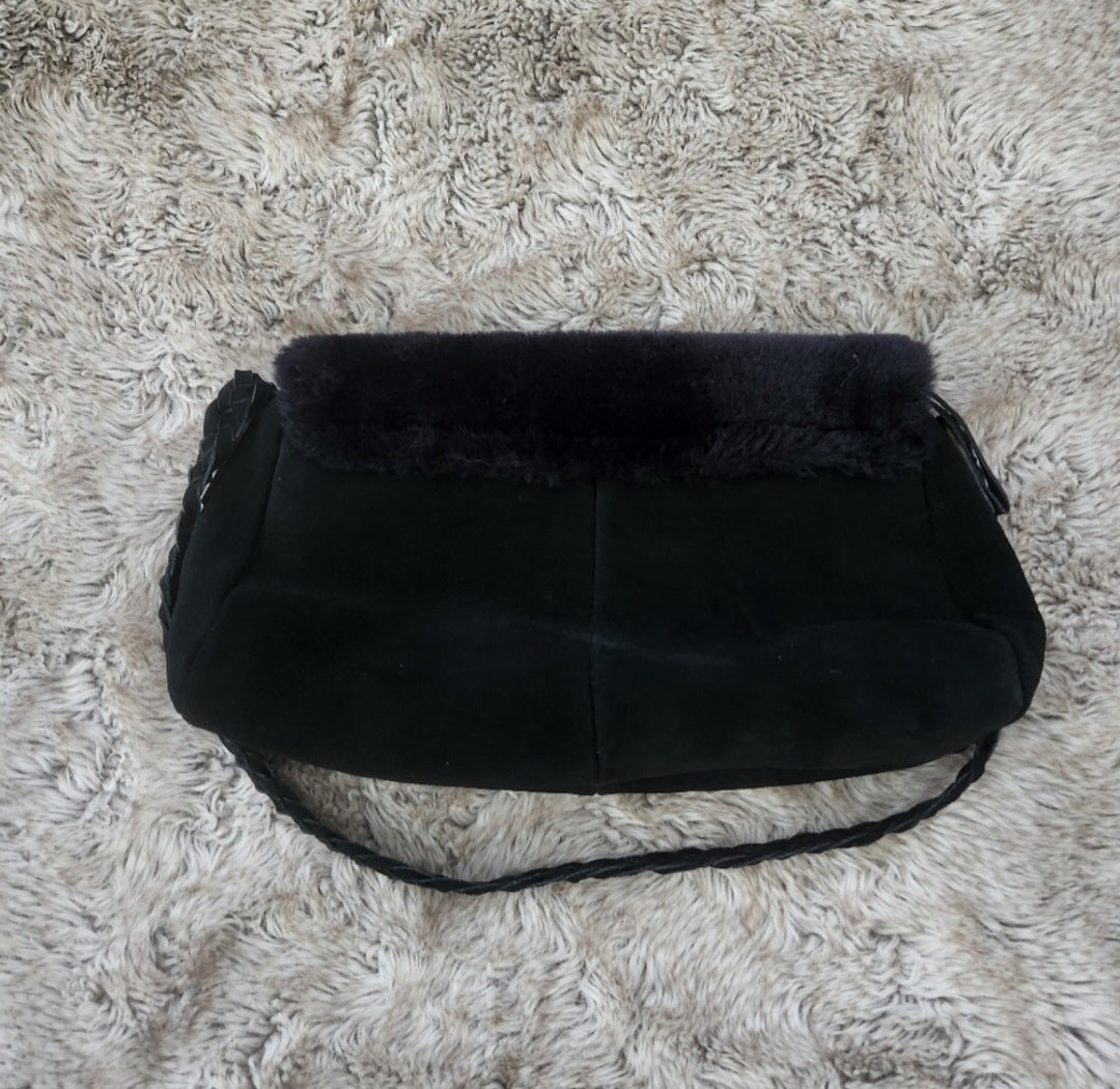 dennis basso Faux Fur Shearling Trim Suede Braided Strap Shoulder Bag dennis basso