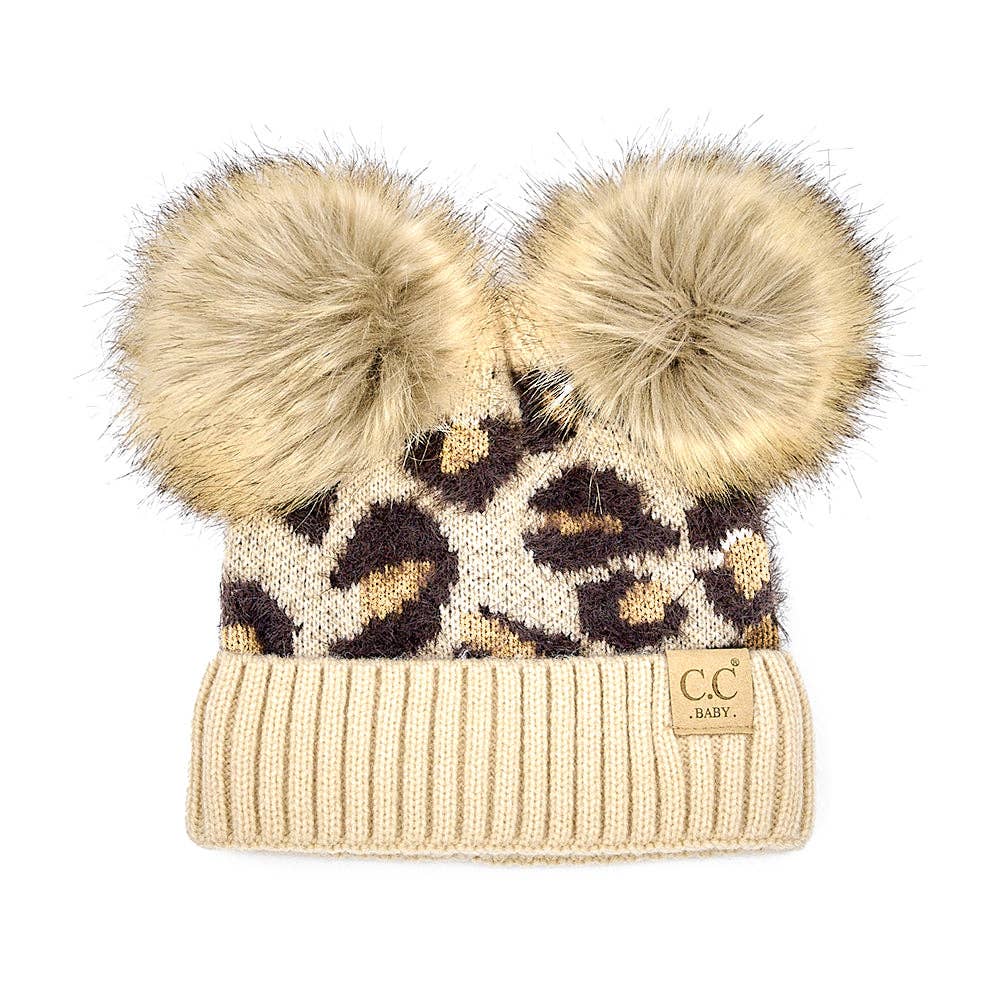 CC Double Pom Leopard Print Baby Beanie CC C.C. Baby ® Tag || Fits Size NB - 9 Months || (Head Circumference 13" - 17") Beige