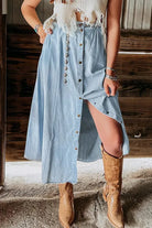 Chambray Snap Front Midi Skirt  Vintage Vibes Boutique   