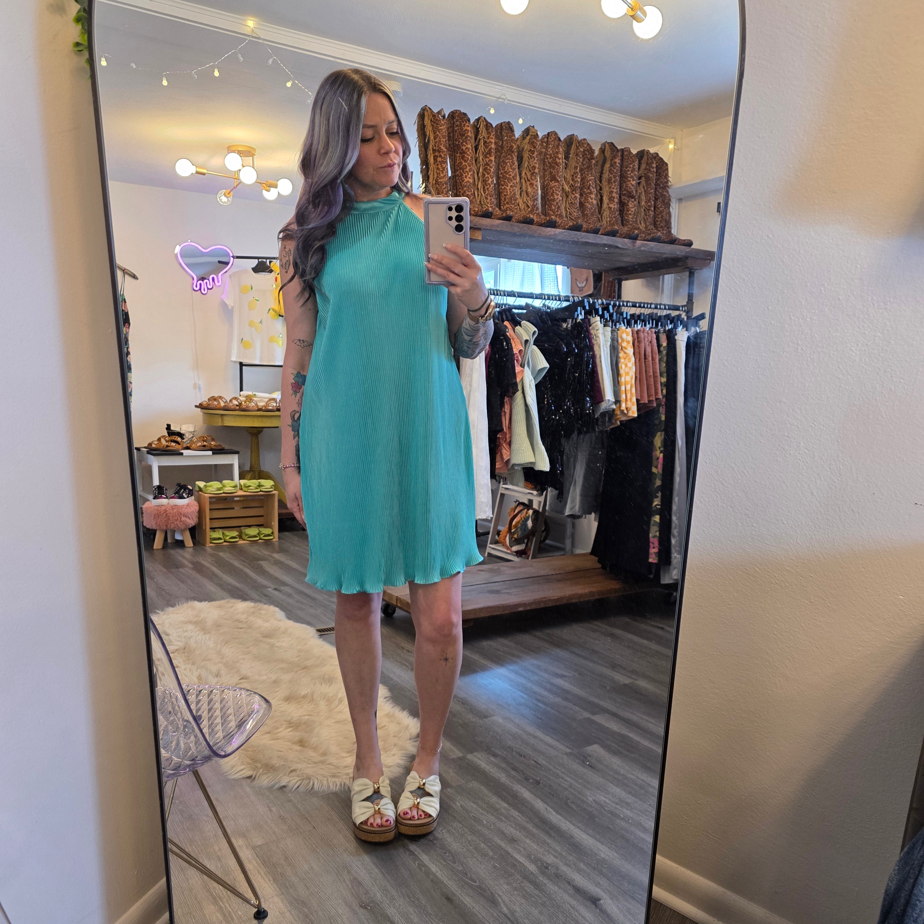 Sea Glass Pleated Dress Mini Dress She + Sky