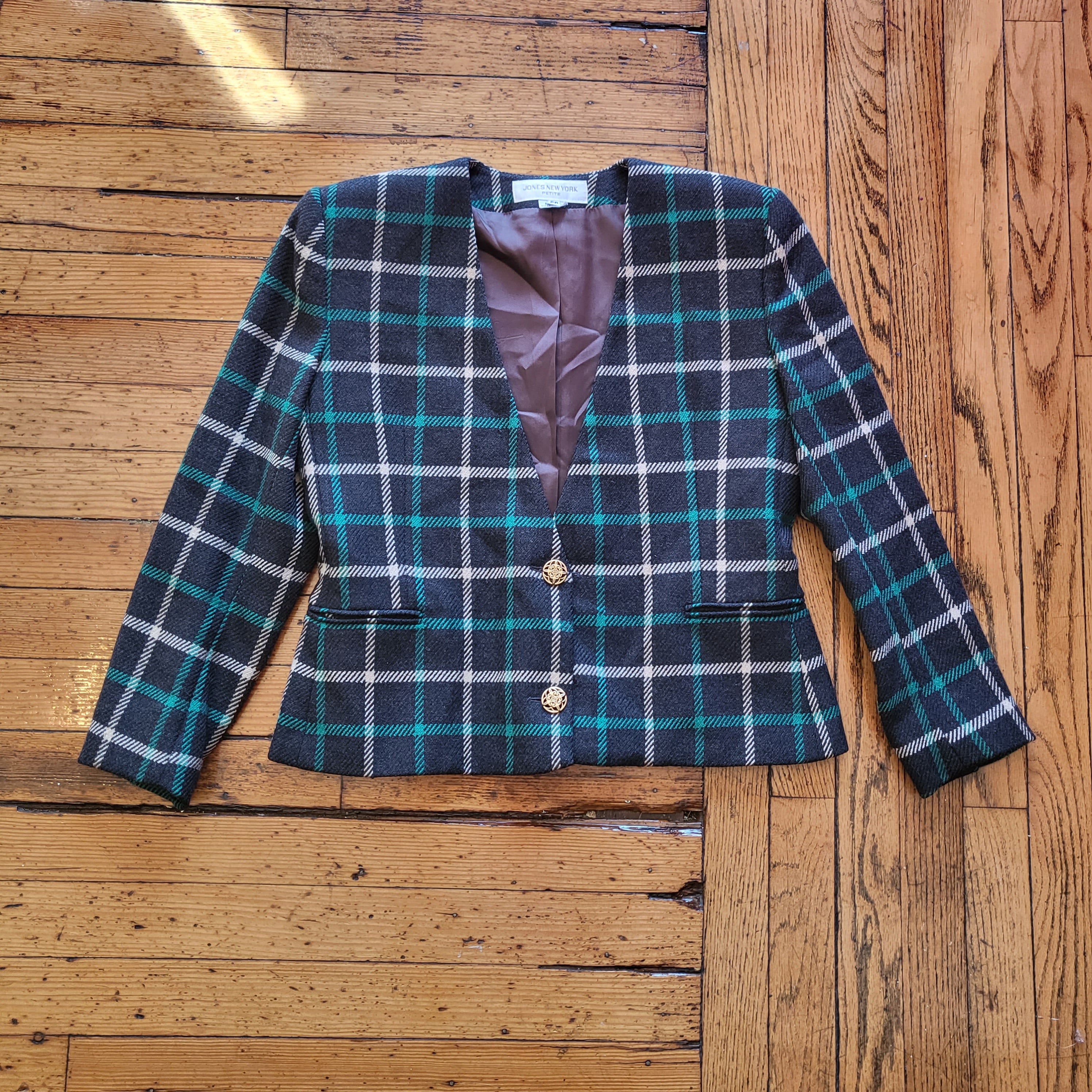 Jones New York Petite Vintage Plaid Wool Blazer Jacket Navy and Green Size 6P