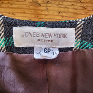 Jones New York Petite Vintage Plaid Wool Blazer Jacket Navy and Green Size 6P