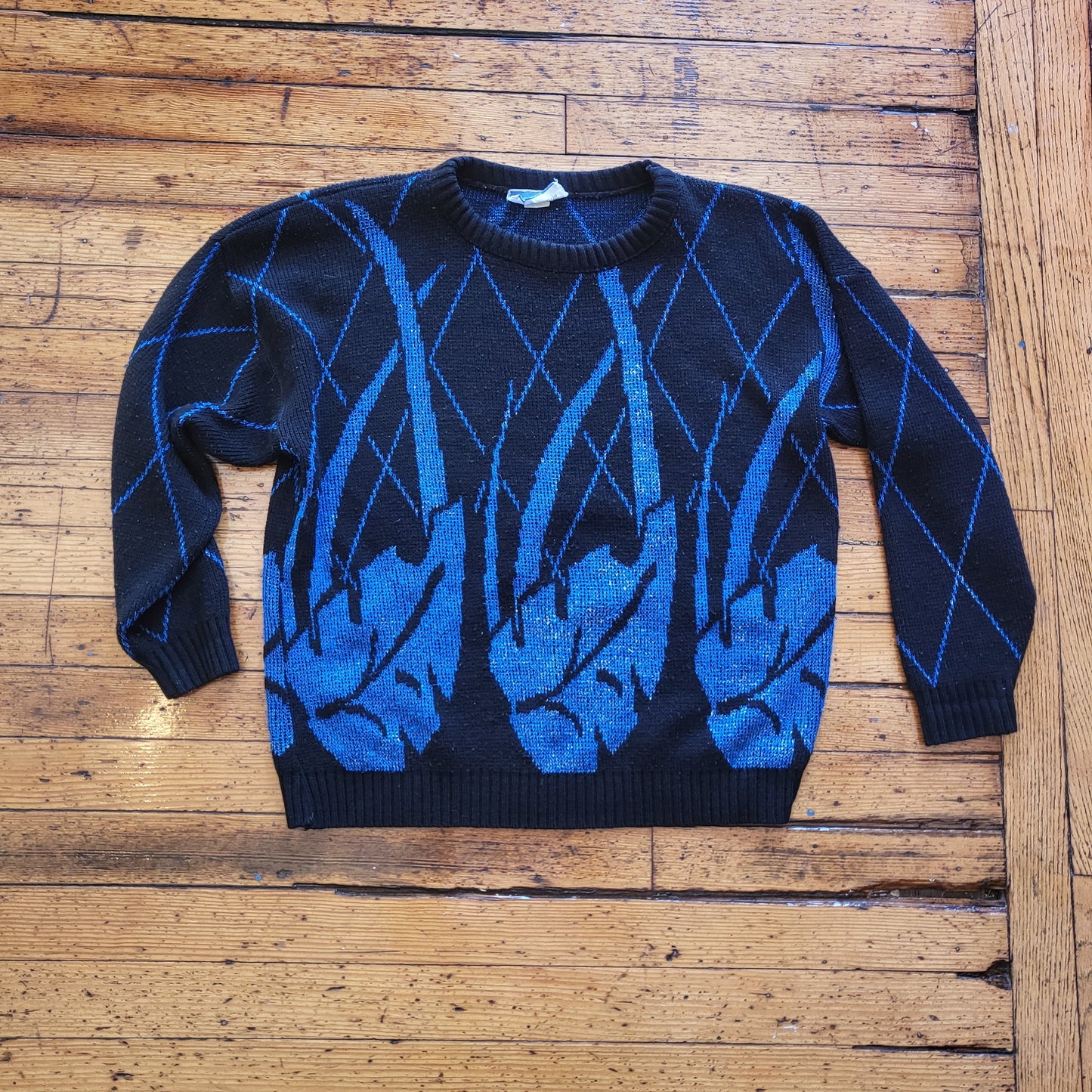 Jonathan Cass Vintage Blue Metallic Leaf Crewneck Sweater  Vintage Vibes Boutique   