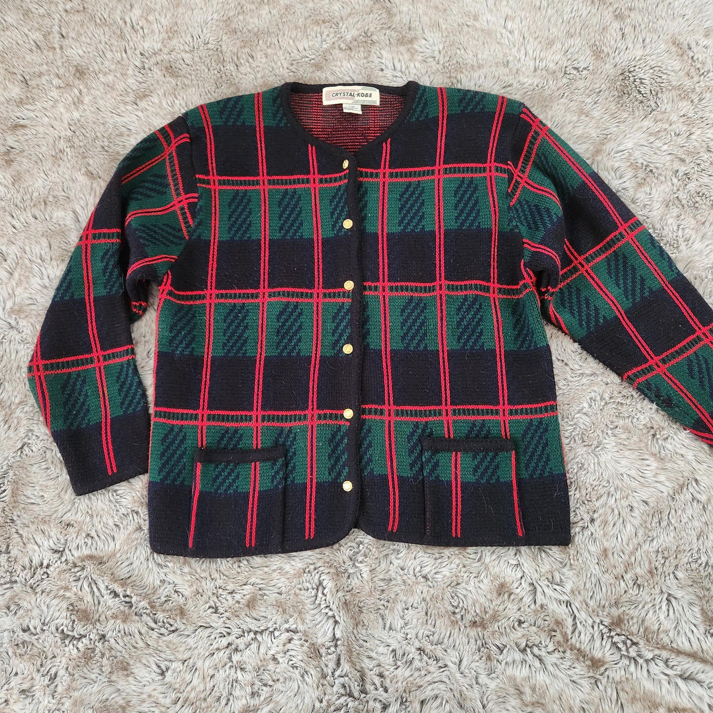 Crystal-Kobe 1980s Christmas Plaid Cardigan Size Large  Vintage Vibes 607   