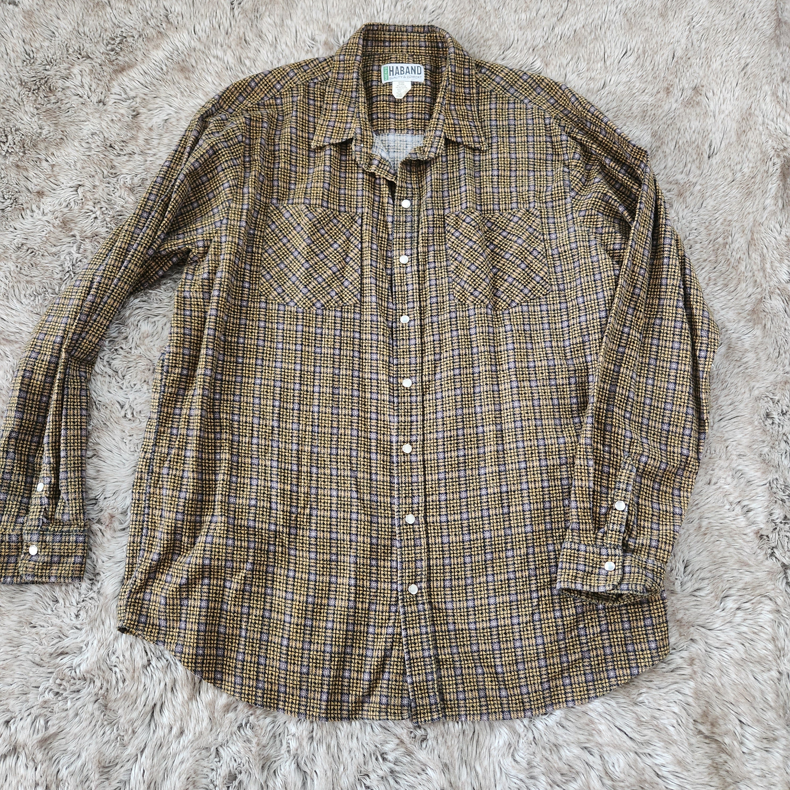 Men's Haband Pearl Snap Long Sleeve Fleece Flannel Yellow and Gray Size XLT