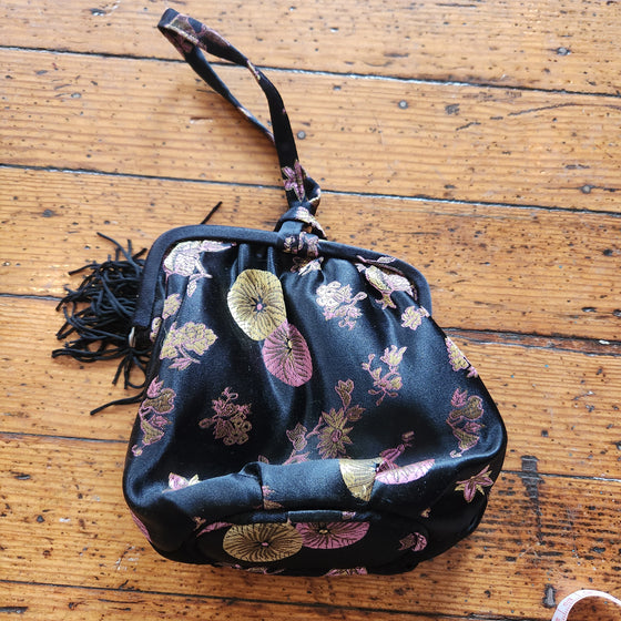 Vintage Black Satin Floral Brocade Wristlet Bag with Tassel