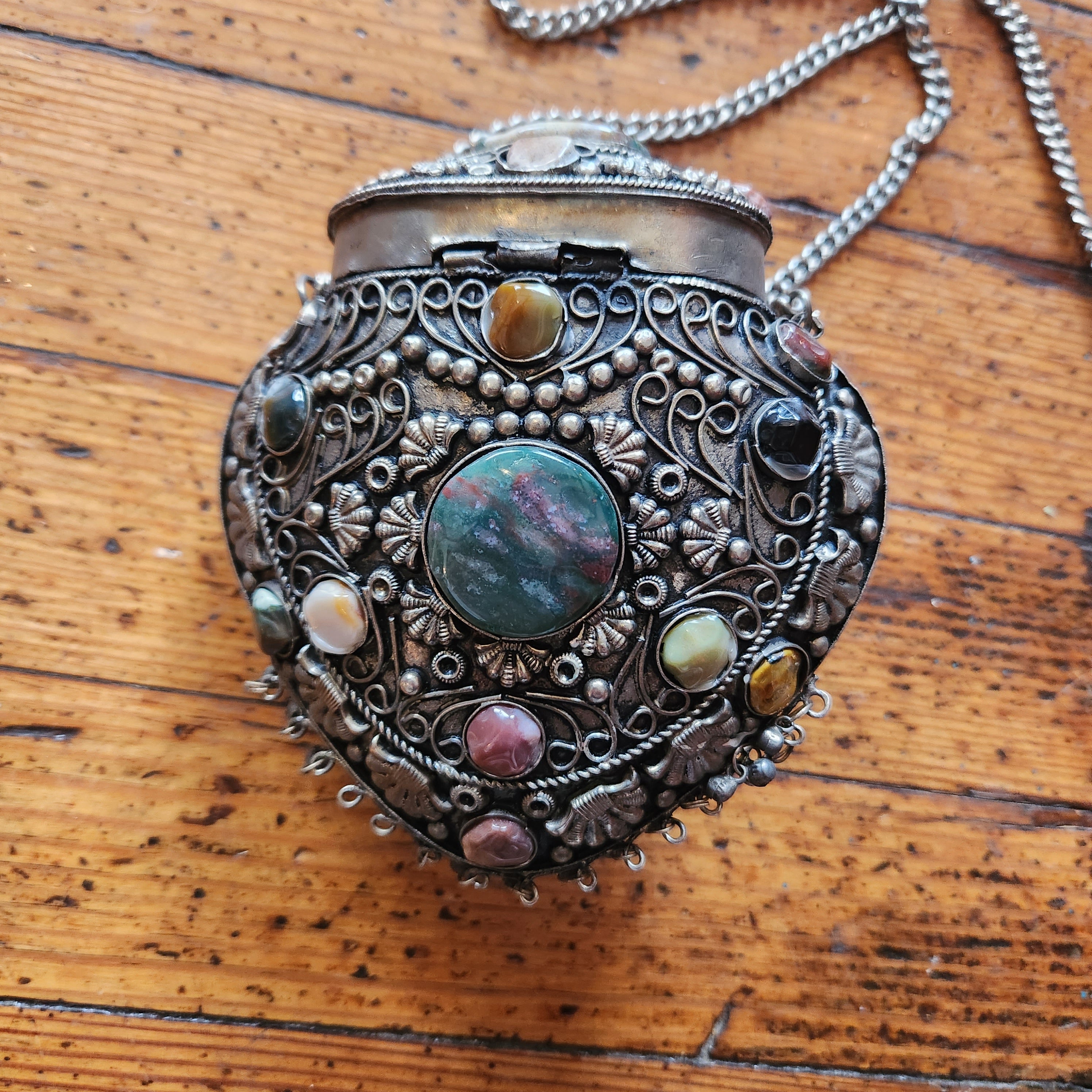 Vintage 1960's Tibet Handcrafted Metal & Semi Precious Stones Ornate Evening Bag