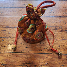  Vintage Handcrafted Indian Drawstring Potli Bag Orange Satin With Beading