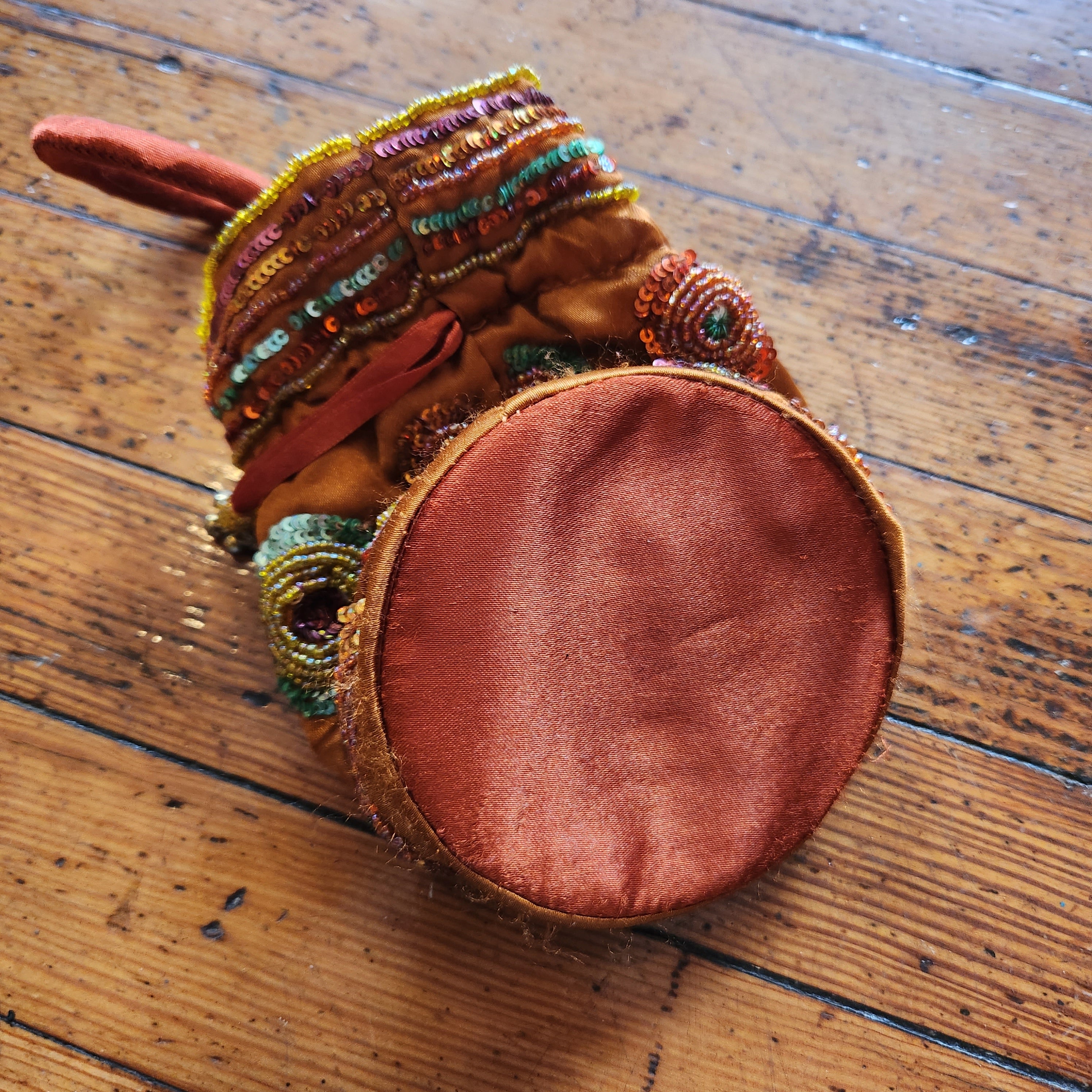 Vintage Handcrafted Indian Drawstring Potli Bag Orange Satin With Beading