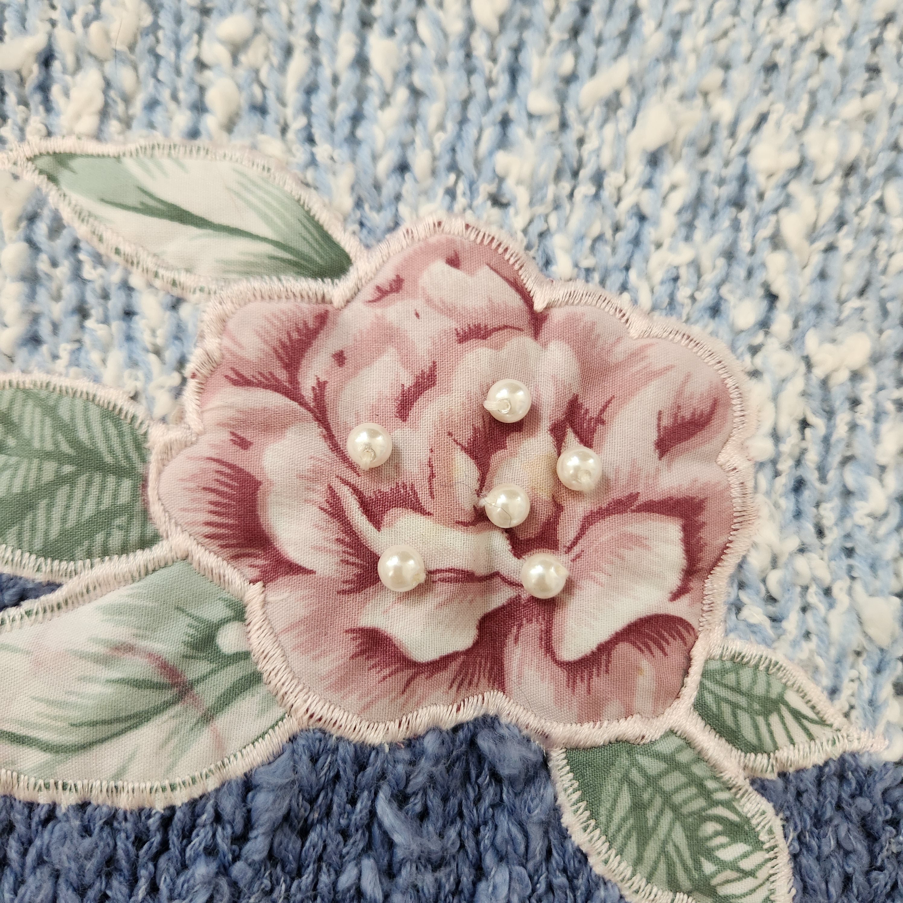Hunter's Glen Vintage Popcorn Knit Blue Floral Crewneck Sweater Size Medium