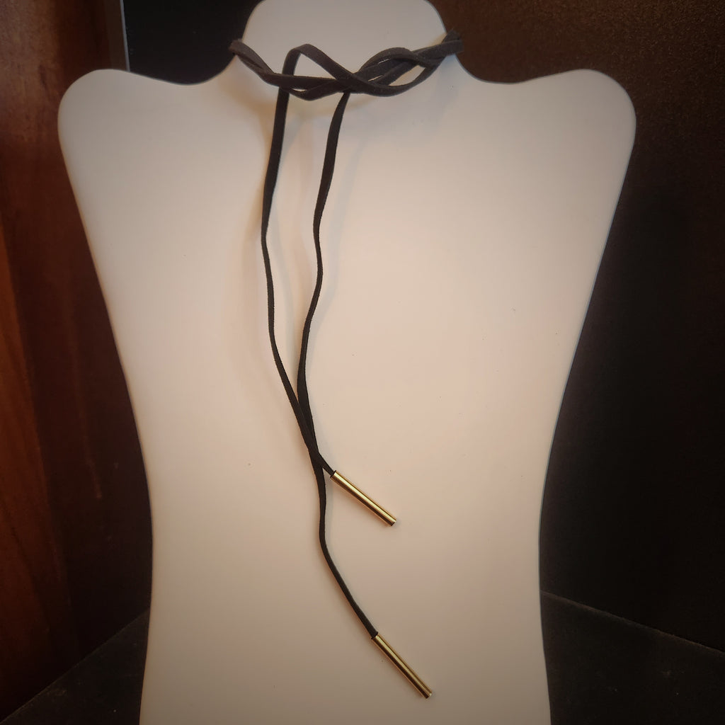 Black faux leather wrap style necklace with gold tips, located in Owego, NY