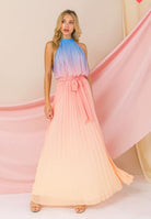Peach Blue Ombre Pleated Dress Dresses Flying Tomato