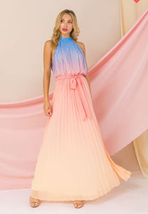 Peach Blue Ombre Pleated Dress