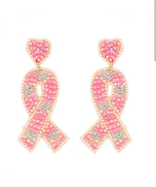  Beaded Breast Cancer Ribbon Heart Earrings