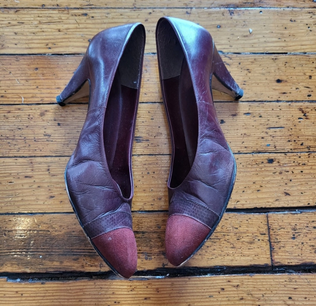 Vintage Leather Pumps Burgundy Suede Toed Made in Yugoslavia Size 8 1/2  Vintage Vibes 607   