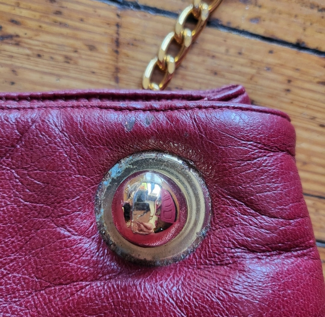 L.J. Simone New York Vintage Genuine Leather Red Crossbody Gold Chain Strap Bag