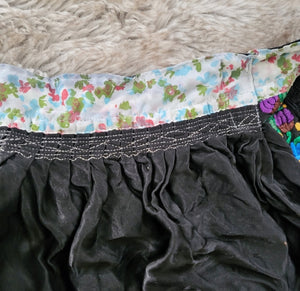Handmade Vintage Apron Silky Black Embroidered Floral Waistband and Trim
