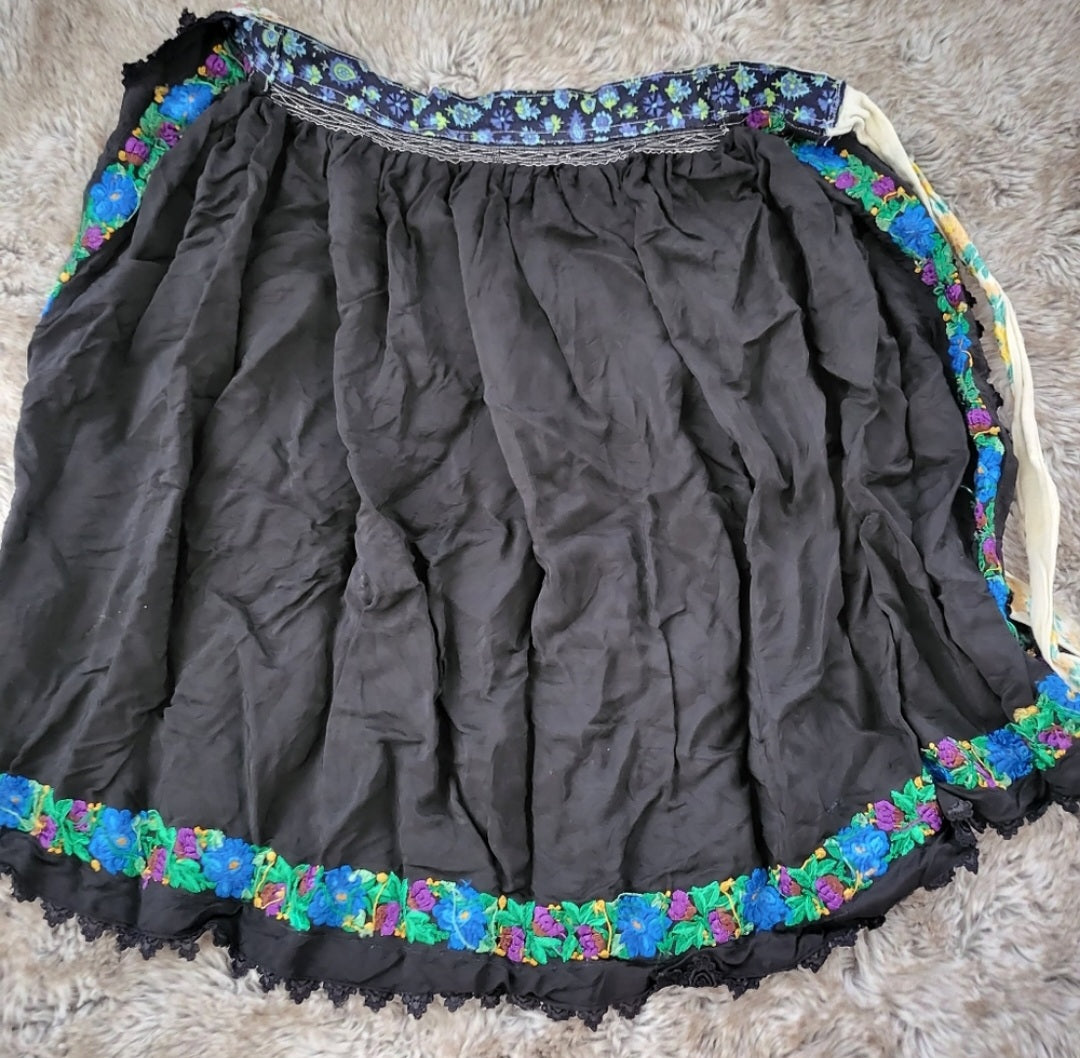 Handmade Vintage Apron Silky Black Embroidered Floral Waistband and Trim