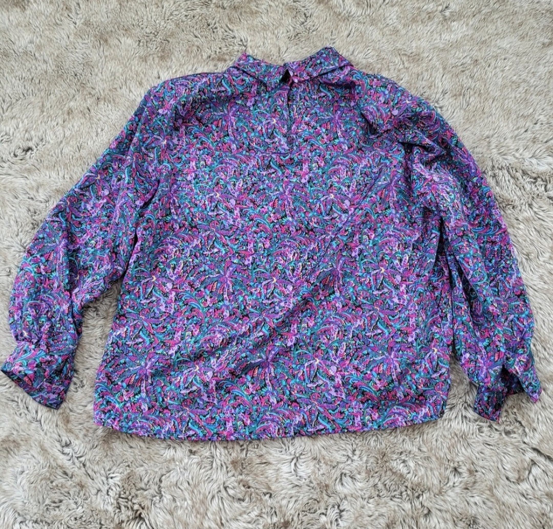 Laura Jean Vintage Polyester Colorful Patterned Collared Blouse Size 16  Vintage Vibes Boutique   