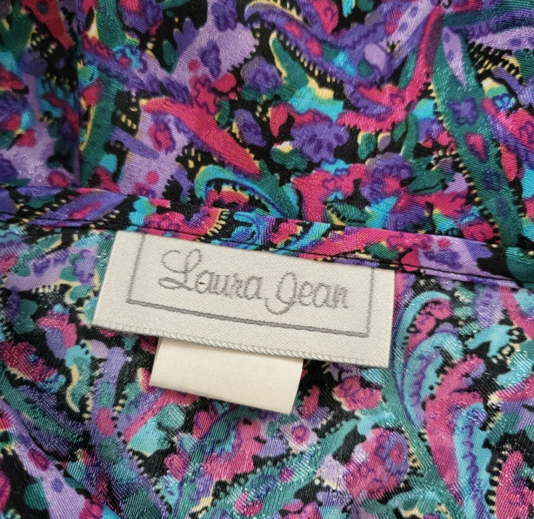Laura Jean Vintage Polyester Colorful Patterned Collared Blouse Size 16  Vintage Vibes Boutique   