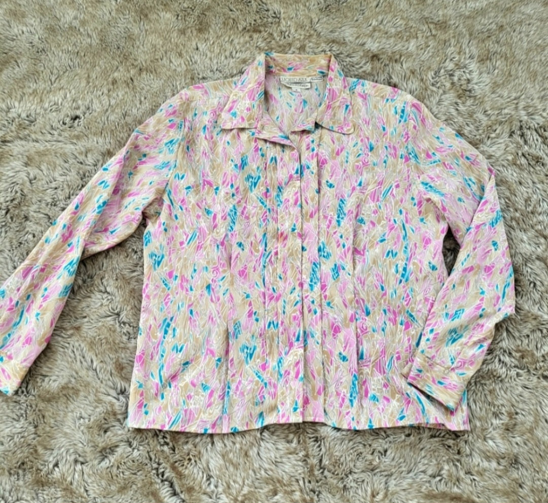 Liquid Silk Peters & Ashley Vintage Pink Blue Yellow Button Down Shirt Size 12  Vintage Vibes Boutique   
