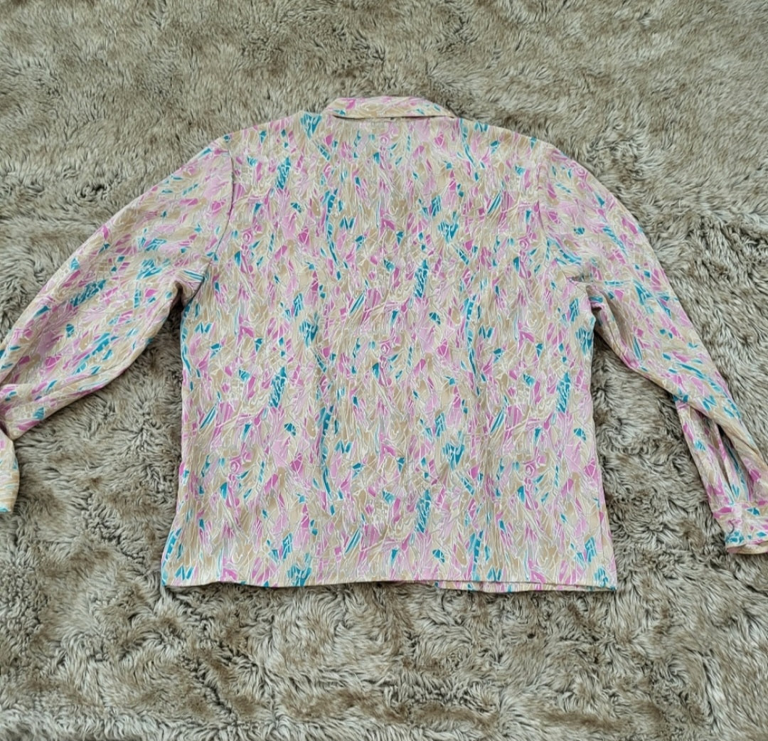 Liquid Silk Peters & Ashley Vintage Pink Blue Yellow Button Down Shirt Size 12  Vintage Vibes Boutique   