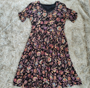 Starina Vintage Short Sleeve Floral Babydoll Midi Dress Black Size Small