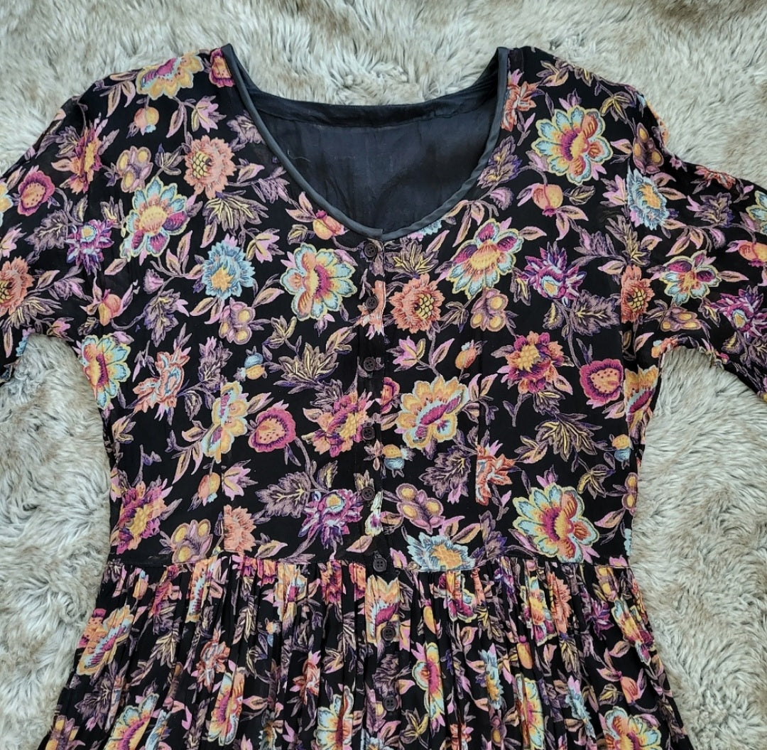Starina Vintage Short Sleeve Floral Babydoll Midi Dress Black Size Small