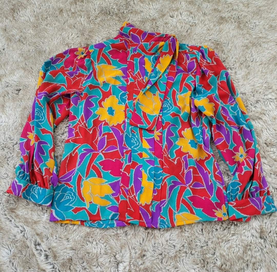 Laura and Jayne Vintage Tie Neck Long Sleeve Blouse Colorful Bright Size 14