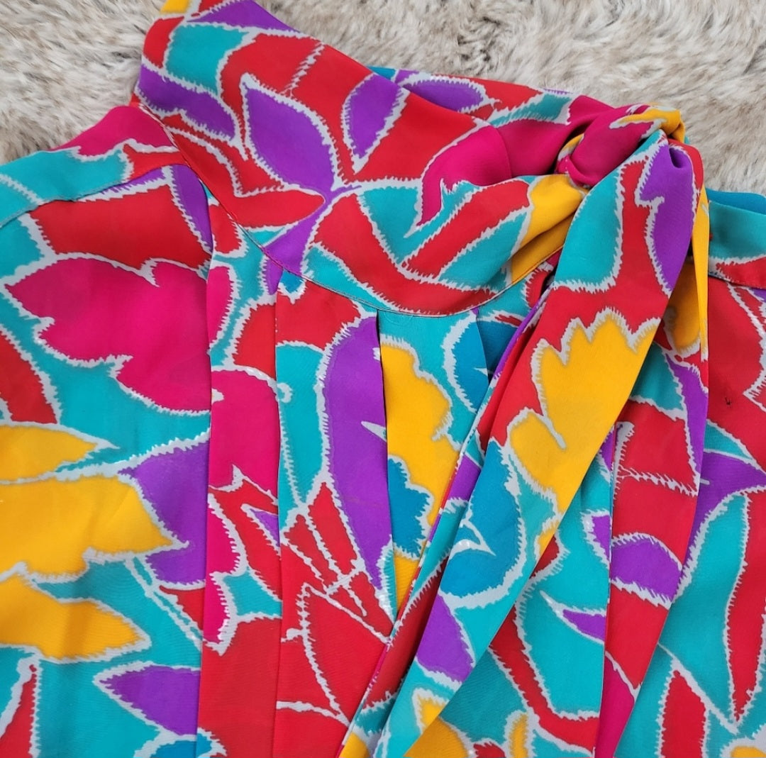 Laura and Jayne Vintage Tie Neck Long Sleeve Blouse Colorful Bright Size 14  Vintage Vibes Boutique   