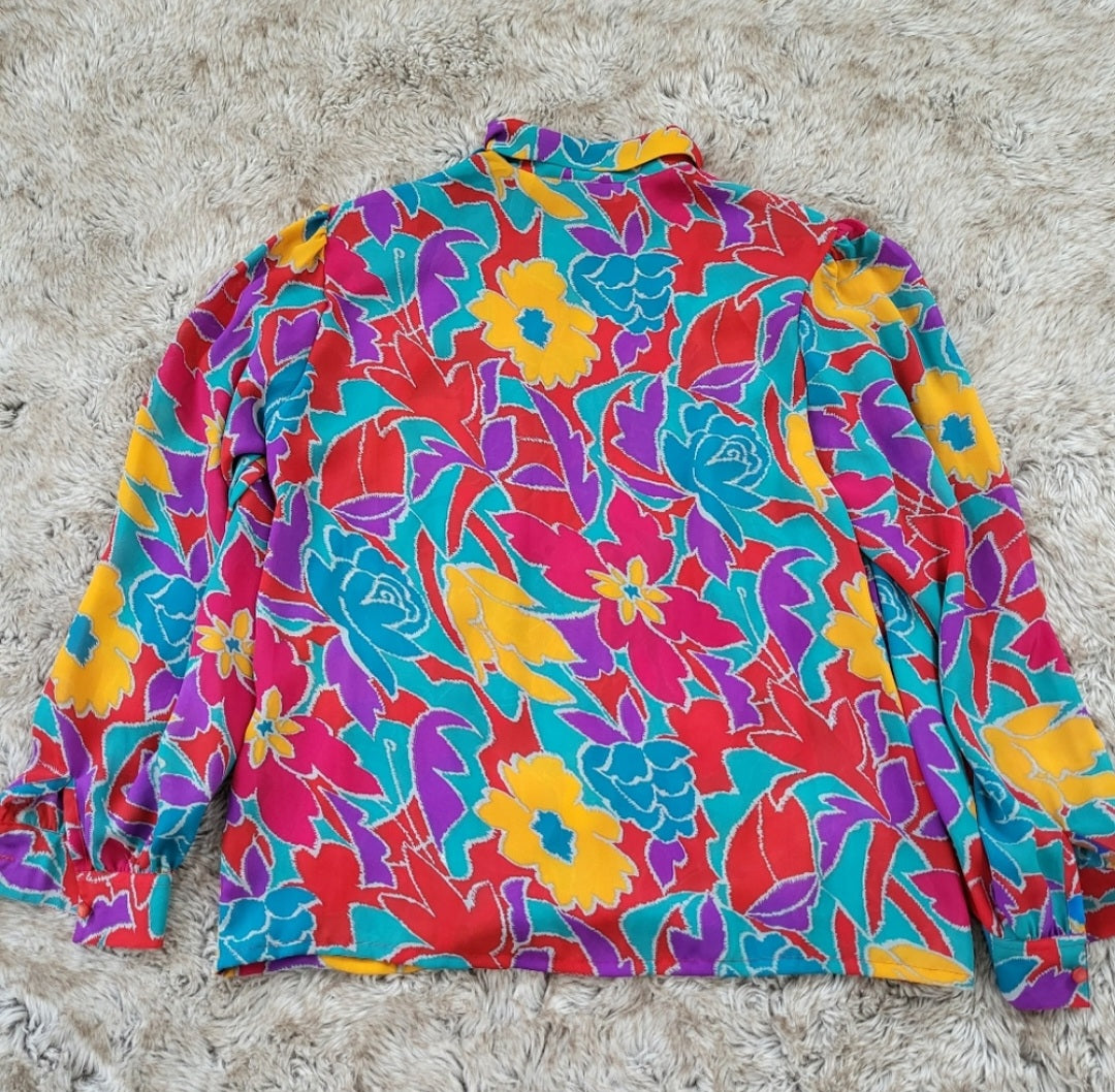 Laura and Jayne Vintage Tie Neck Long Sleeve Blouse Colorful Bright Size 14