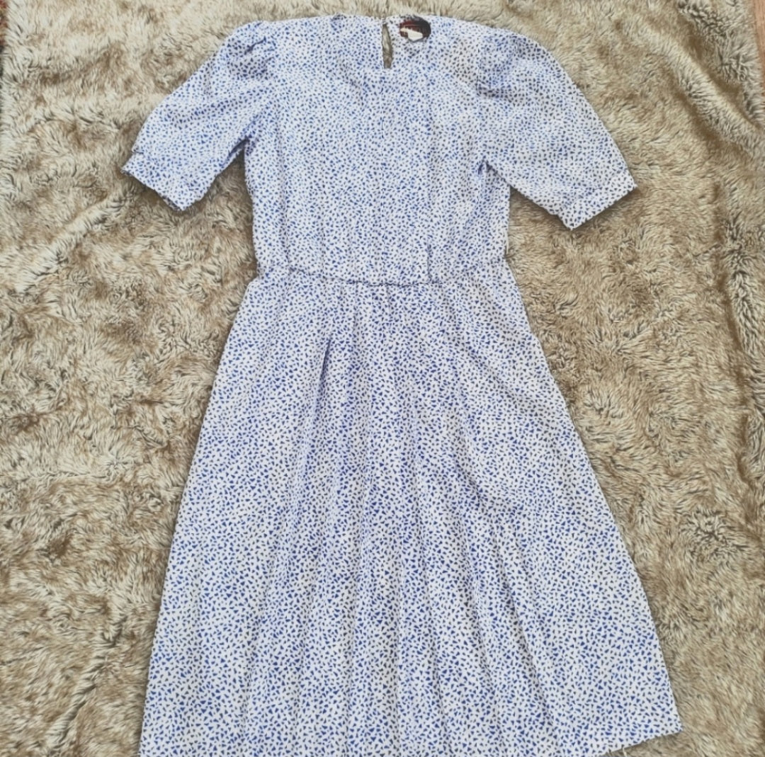 Lisa II Vintage Short Sleeve Flared Waist Geometric Print Dress Blue Size 12  Vintage Vibes Boutique   
