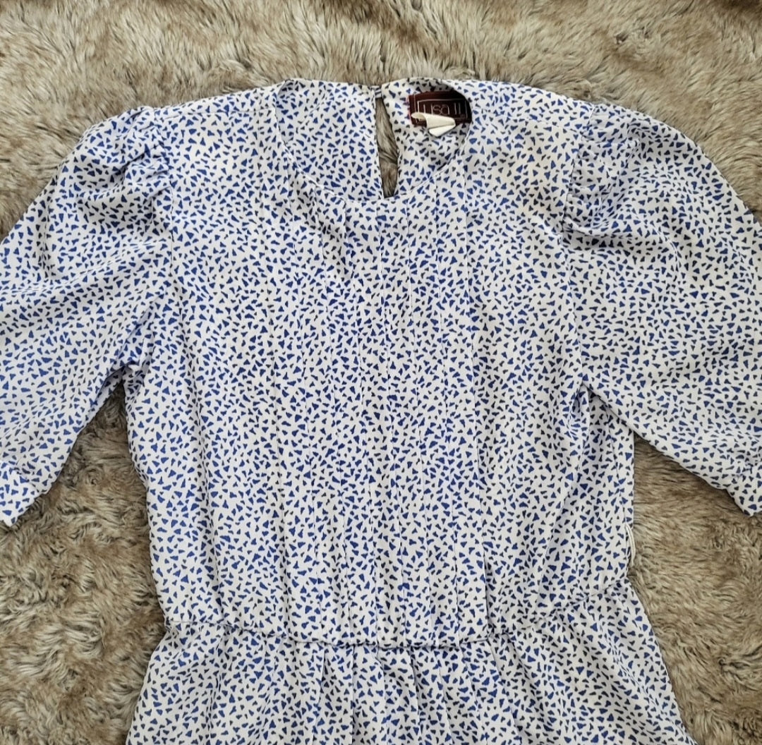 Lisa II Vintage Short Sleeve Flared Waist Geometric Print Dress Blue Size 12  Vintage Vibes Boutique   