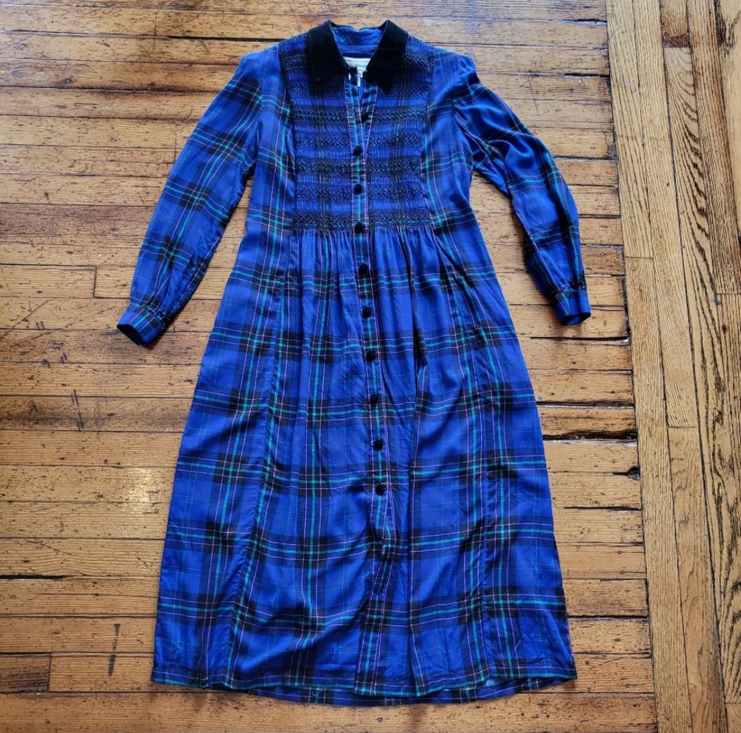 Karin Stevens Vintage Flannel Maxi Shirt Dress Blue Size 8
