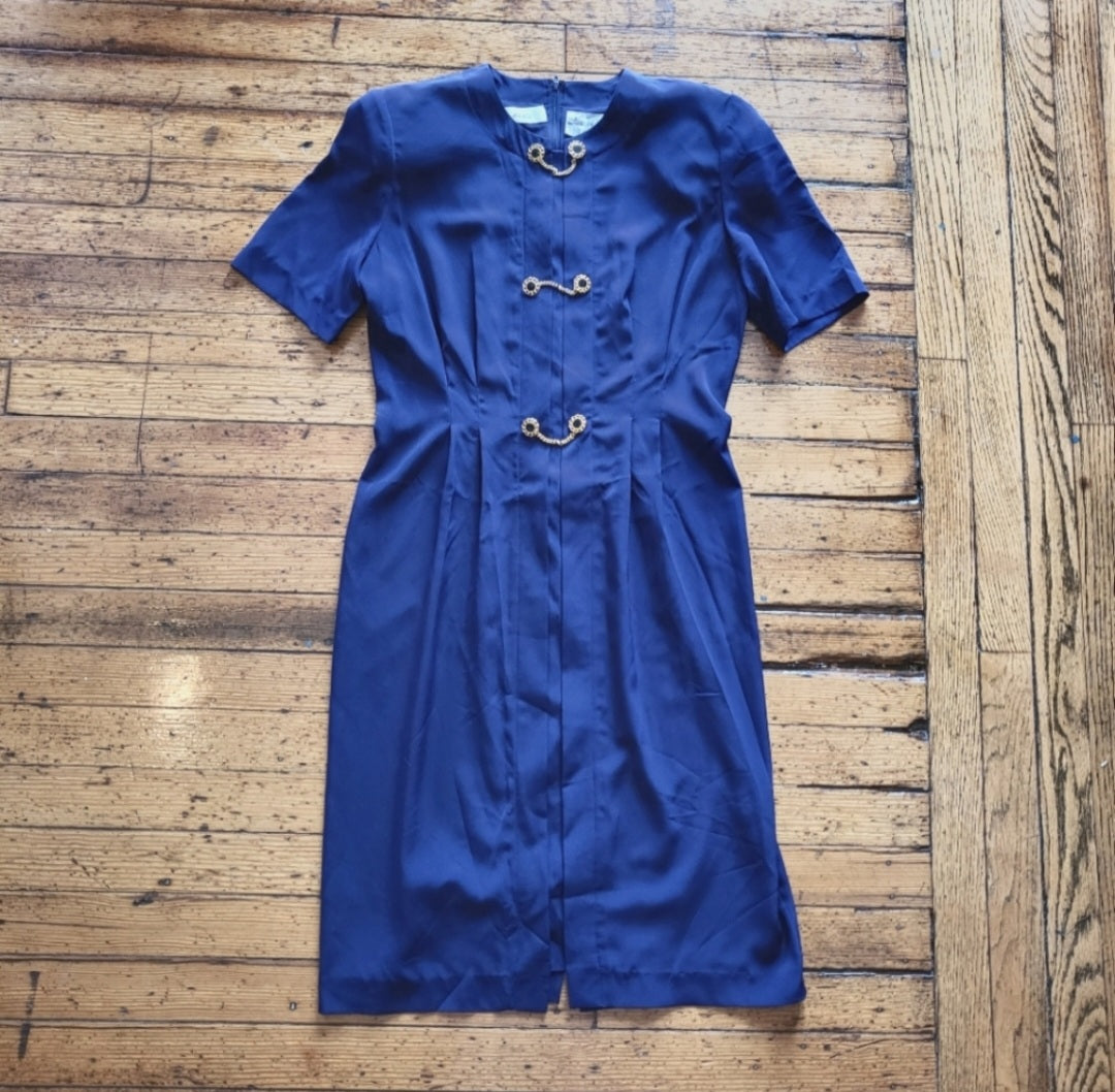 Ms Chaus Vintage Chain Button Front Pleated Blue Midi Polyester Dress Size 8  Vintage Vibes Boutique   